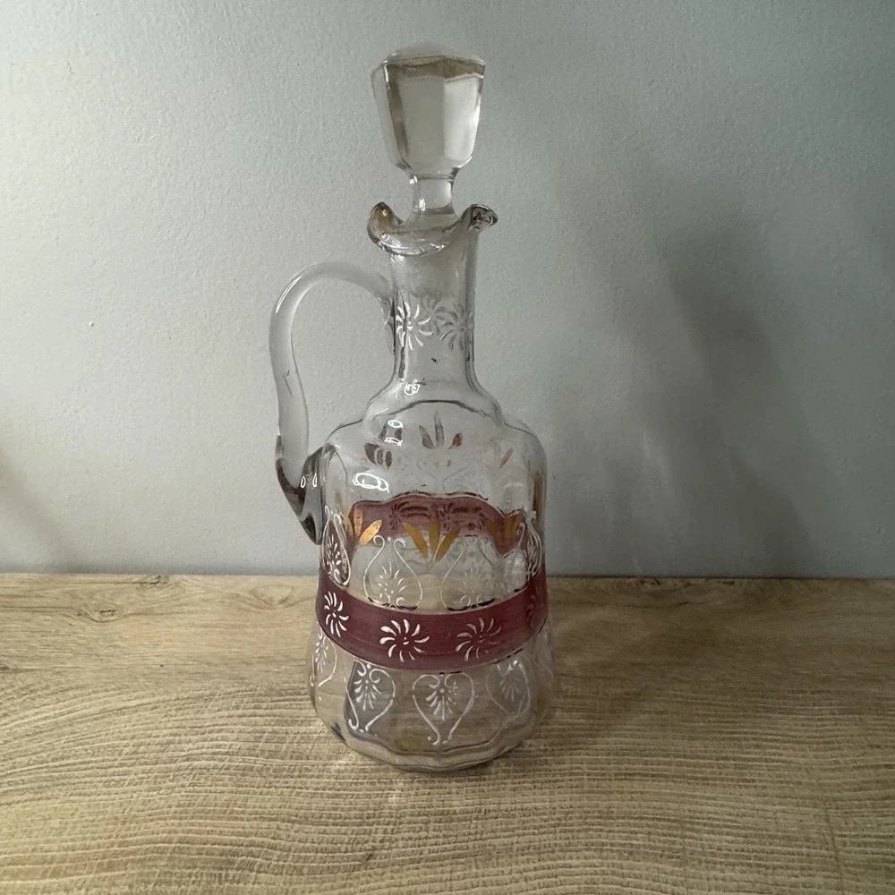 Vintage Clear Glass‎ Decanter Hand Painted Floral Jug Ewer Enamel Stopper MCM